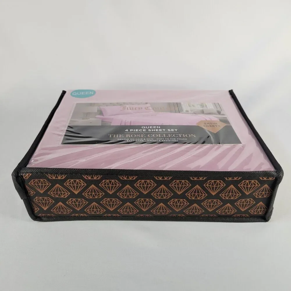 Juicy Couture Pastel Pink Satin 4pc QUEEN Sheets Set Easy Care Sleek Smooth Soft